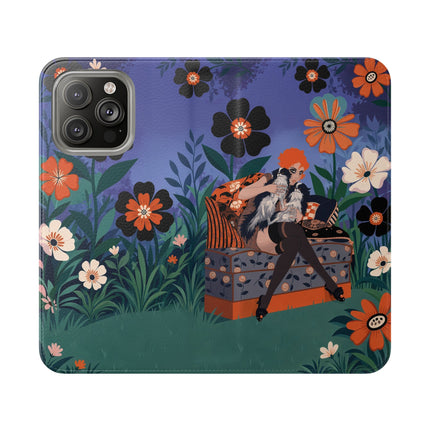 🌺🐈 The Lady Of The Midnight Garden Cat Flip Case – Art Deco Floral Fantasy