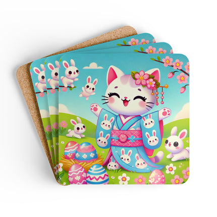 Springtime Kitten’s Easter Joy Corkwood Coaster Set
