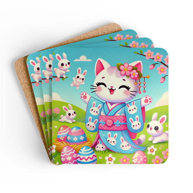 Springtime Kitten’s Easter Joy Corkwood Coaster Set