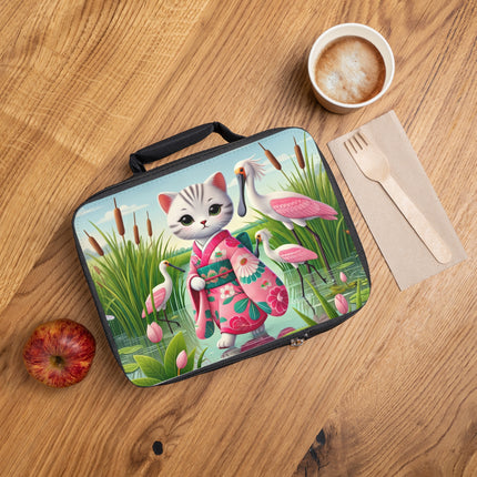Geisha Kitten Strolls Among the Spoonbills Lunch Bag – Serene Grace & Marshland Wonder