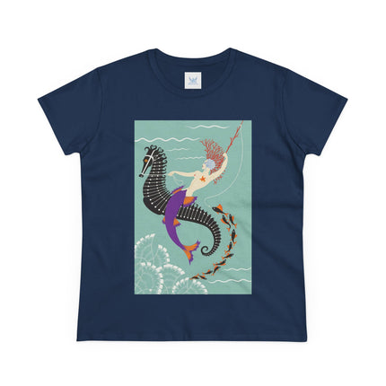 Mermaid on Seahorse Women's Midweight Cotton Tee – Dreamy Ocean Fantasy