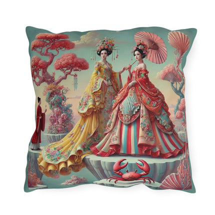 Cherry Blossom Courtesans & Crimson Crab Outdoor Pillows – Imperial Elegance & Playful Charm