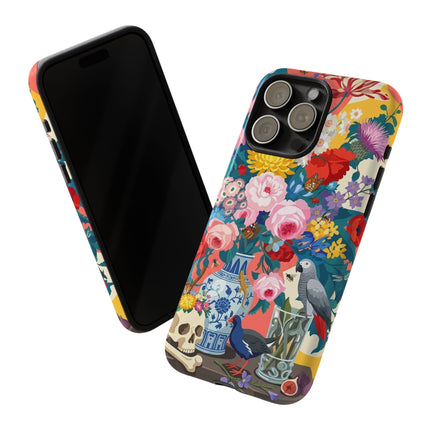 Floral Vanitas Phone Case – Parrot & Porcelain Splendor