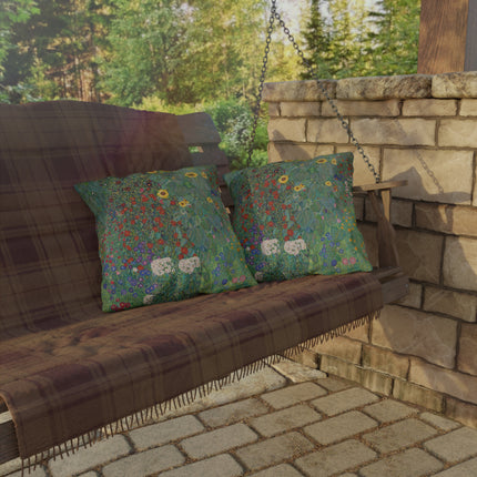 Farm Garden with Sunflowers by Gustav Klimt Outdoor Pillows