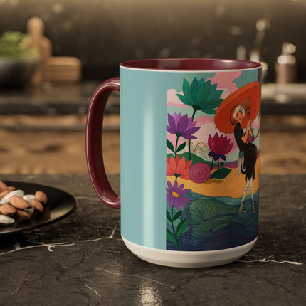 The Lady Of The Coral Parasol Colorful Mugs – Art Deco Coastal Elegance