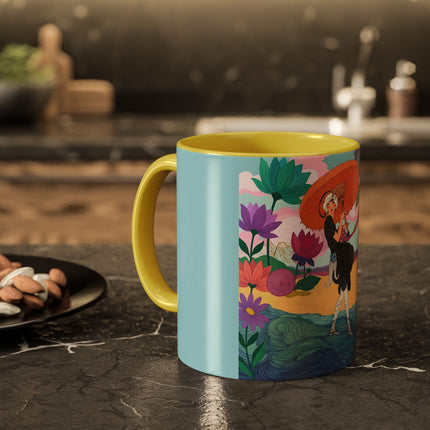 The Lady Of The Coral Parasol Colorful Mugs – Art Deco Coastal Elegance