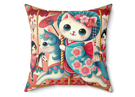 Geisha Kitten's Enchanted Carousel Ride Spun Polyester Square Pillow