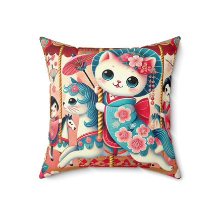 Geisha Kitten's Enchanted Carousel Ride Spun Polyester Square Pillow