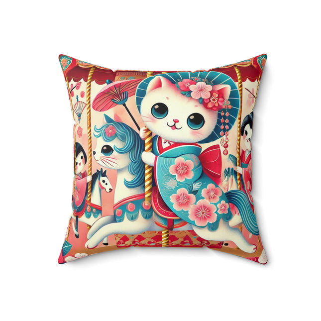 Geisha Kitten's Enchanted Carousel Ride Spun Polyester Square Pillow