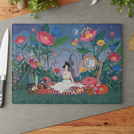 🌙🌺 The Moonlit Garden Reverie Glass Cutting Board – Art Deco Floral Fantasy