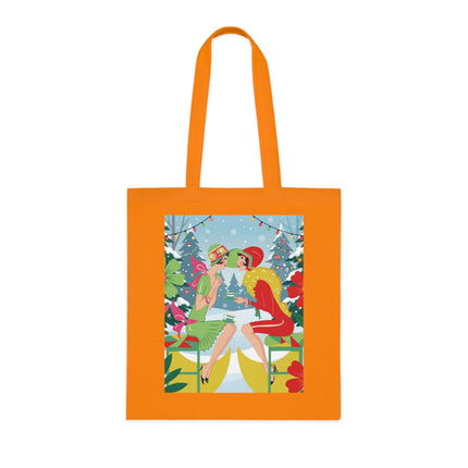 🎄☕ Christmas Tea In The Snow Garden Cotton Tote Bag – Art Deco Holiday Friendship