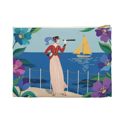 🌊🔭 The Lady Of The Seaside Lookout Accessory Pouch – Art Deco Nautical Adventure