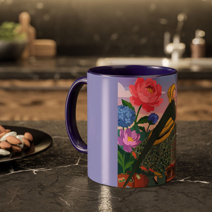 The Lady And The Crimson Birdcage Colorful Mugs – Art Deco Tropical Garden Elegance