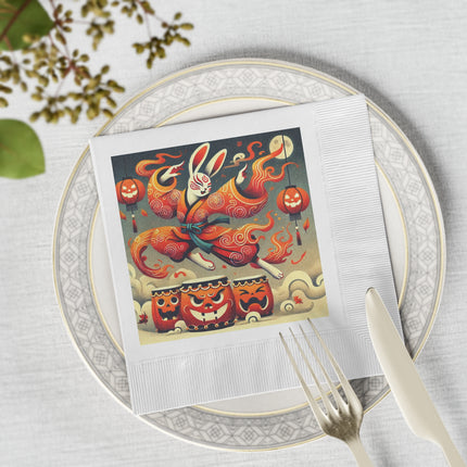 Jack-O’-Lantern Drums & The Kabuki Rabbit White Coined Napkins