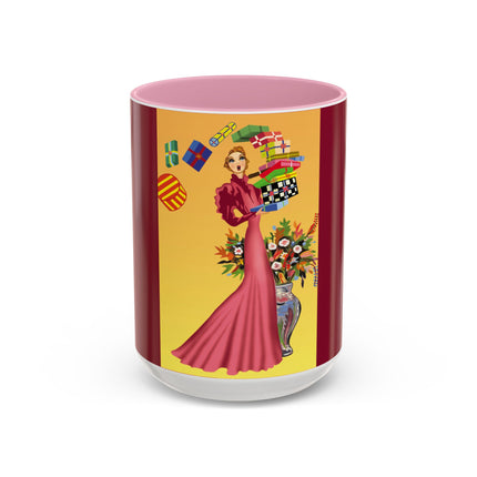 Elegant Holiday Woman with Gifts Colorful Mugs (11oz, 15oz)