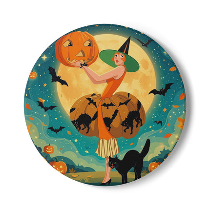 🦇🎃 The Witch Of Batwing Pumpkin Hollow Ceramic Coaster – Moonlit Halloween Charm