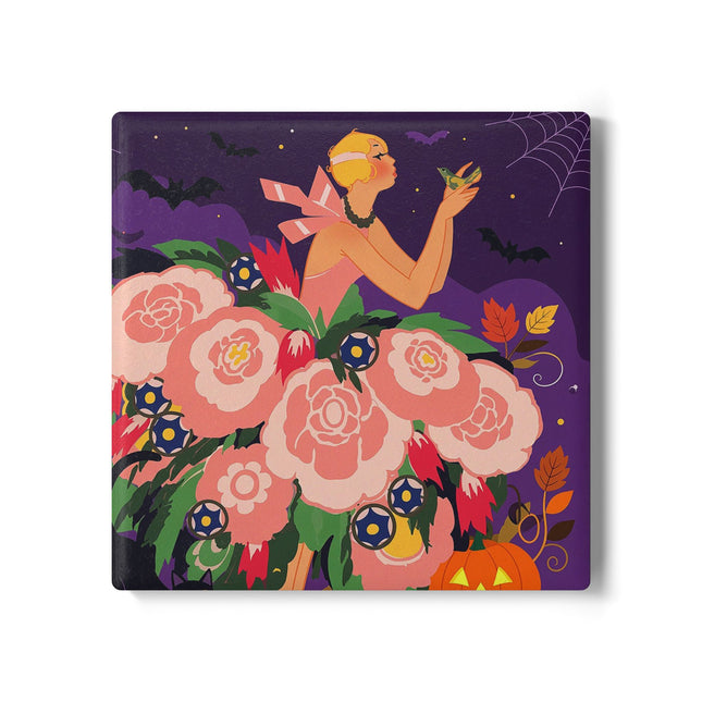 🌹🎃 The Lady Of The Haunted Rose Garden Ceramic Coaster – Romantic Halloween Charm