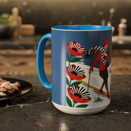 🎿🎄 The Christmas Holly Skier Colorful Mug – Whimsical Holiday Fantasy