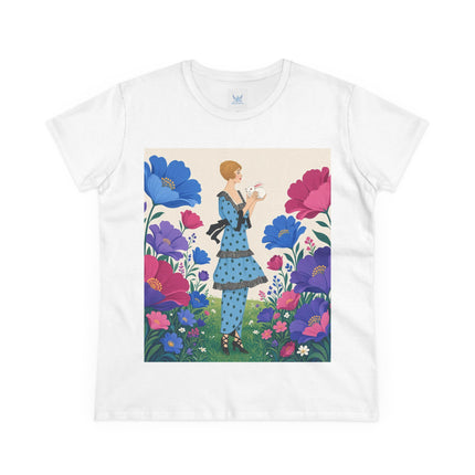 🐇🌺 The Little Rabbit Garden Cotton Tee – Art Deco Floral Whimsy