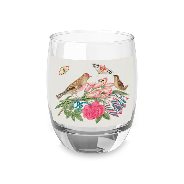Pair of Brown Birds on Bouquet with Tulip, Rose, Snapdragons, and Butterflies by Anonymous Whiskey Glass