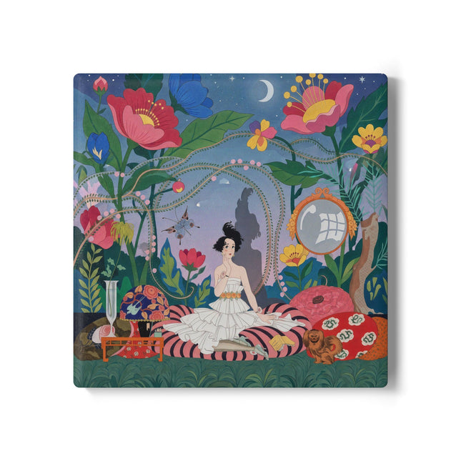 🌙🌺 The Lady Of The Midnight Garden Ceramic Coaster – Art Deco Floral Reverie