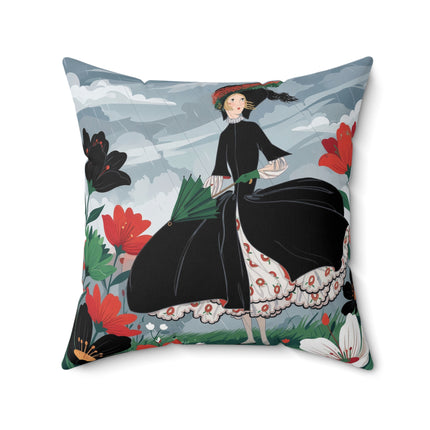 🌧️🌺 The Stormy Flower Walk Square Pillow – Art Deco Floral Fashion