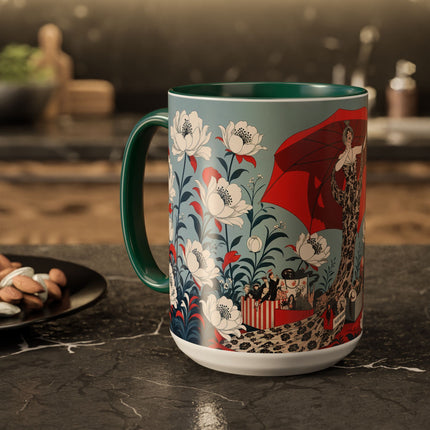 ❤️🌺 The Scarlet Parasol Spectacle Colorful Mug – Art Deco Fashion Elegance