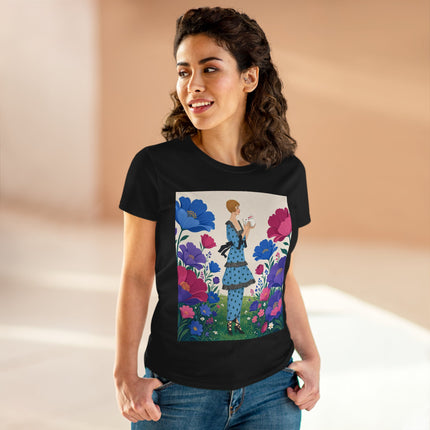 🐇🌺 The Little Rabbit Garden Cotton Tee – Art Deco Floral Whimsy