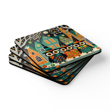 Night of the Trick-or-Treating Owlets Corkwood Coaster Set