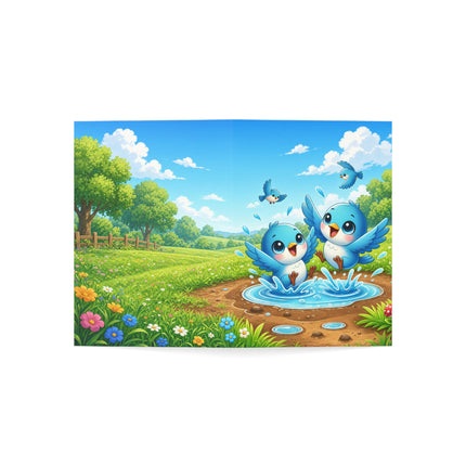 🐦💦 The Little Bluebird Puddle Party Greeting Card – Whimsical Animal Adventure