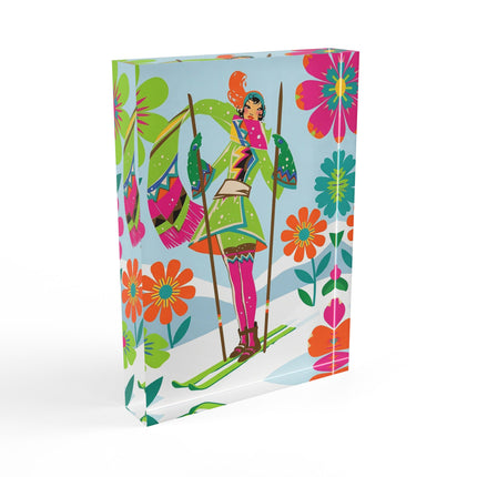 🎿🌸 The Winter Flower Adventurer Acrylic Art Block – Colorful Ski Fantasy
