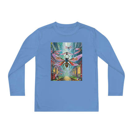 Neon Swarm Youth Long Sleeve Competitor Tee – Cyberpunk Flight & Futuristic Energy