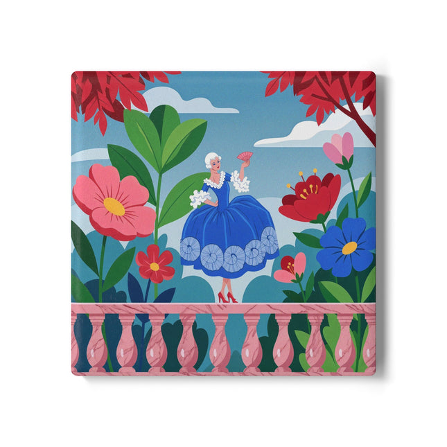 🌺🪭 The Lady Of The Grand Flower Terrace Ceramic Coaster – Art Deco Garden Elegance