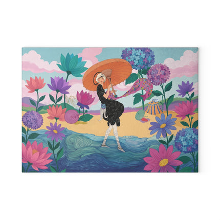 🌸☂️ The Lady Of The Painted Parasol Glass Cutting Board – Art Deco Floral Seaside Elegance