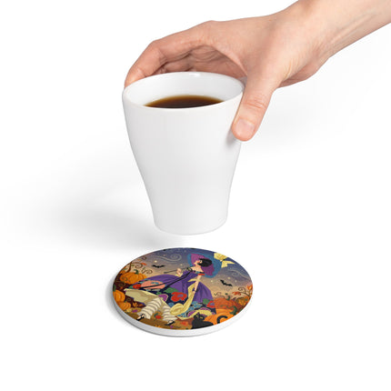 🌙🎃 The Moonlit Garden Walk Ceramic Coaster – Elegant Halloween Charm