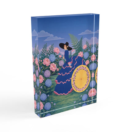 🌸☂️ The Lady Of The Flower Garden Parasol Acrylic Art Block – Art Deco Botanical Elegance