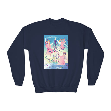 Angelic Revelry Youth Crewneck Sweatshirt – Celestial Joy & Whimsical Wonder