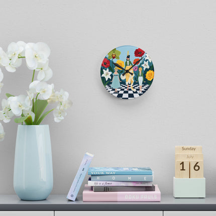 🌺🎩 The Lady And Children Of The Grand Flower Garden Acrylic Wall Clock – Art Deco Fashion Whimsy