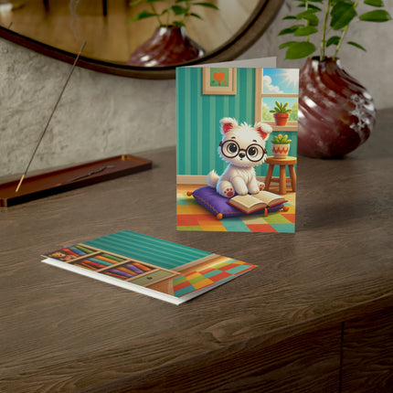 🐶📚 The Little Puppy Bookworm Greeting Card – Whimsical Reading Adventure