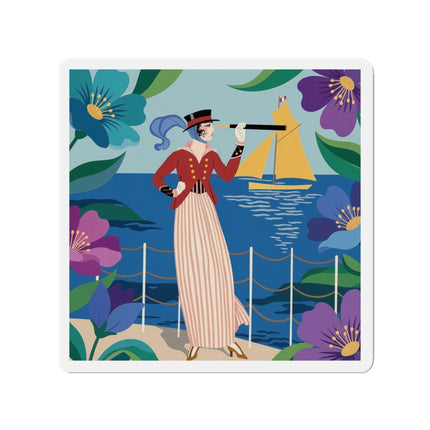 🌊🔭 The Lady Of The Seaside Lookout Die-Cut Magnets – Art Deco Nautical Adventure