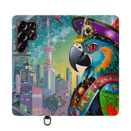 🦜⚡ Tech Plumes Flip Case – Neon Feathers & Futuristic Brilliance