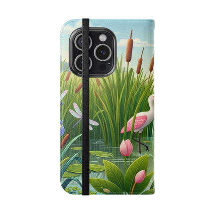 🦩🌸 Geisha Kitten Strolls Among the Spoonbills Flip Case – Serene Grace & Marshland Wonder