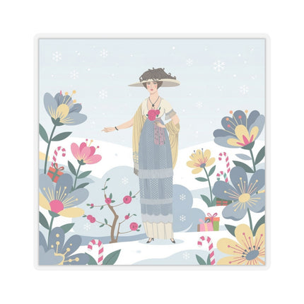 🌹❄️ The Lady Of The Winter Rose Garden Kiss-Cut Sticker – Art Deco Holiday Fantasy