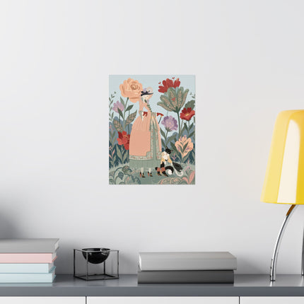 🌸🐈 The Lady And Puss In Boots Grand Floral Promenade Matte Vertical Poster – Art Deco Fashion Whimsy