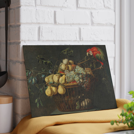 Still Life of a Basket of Fruit with a Parrot by Adriaen Van Utrecht Glass Cutting Board