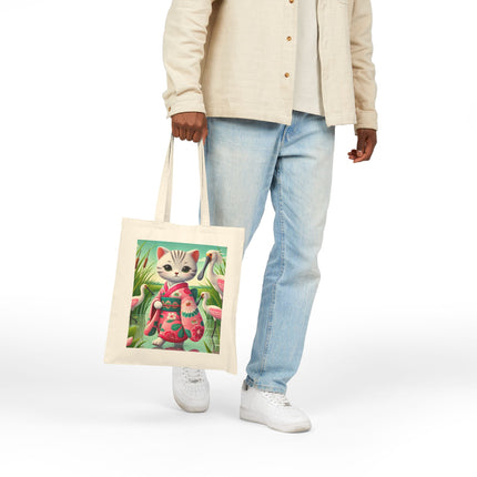 Geisha Kitten Strolls Among the Spoonbills Cotton Canvas Tote Bag – Serene Grace & Marshland Wonder