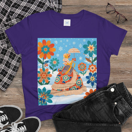 🌼❄️ The Winter Parasol Lady Cotton Tee – Art Deco Floral Fantasy