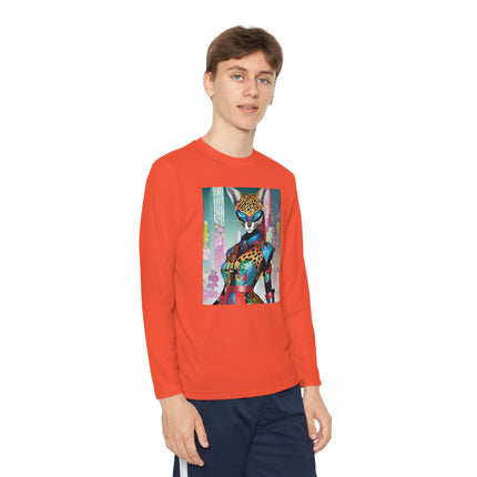 Cyber Cat Glamour Youth Long Sleeve Competitor Tee – Neon Elegance & Futuristic Style