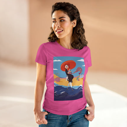 Beachside Promenade Women's Midweight Cotton Tee – Summer Glamour & Coastal Joy