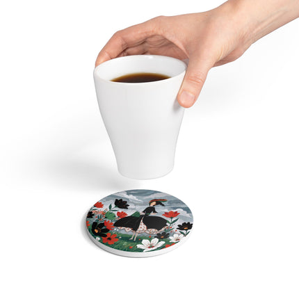 🌧️🌺 The Stormy Flower Walk Ceramic Coaster – Art Deco Floral Fashion